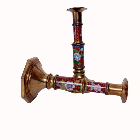 Cloisonne Brass Candlestick Holders Floral Bird Set Of 2 VTG Eclectic Home Decor - Picture 12 of 15